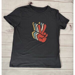 Retro Peace Sign Love 60s 70s Hippie T-Shirt Size S Grey Blue Polyester Spandex